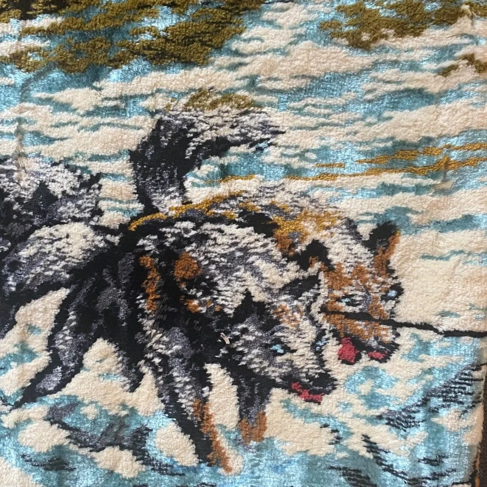 Vintage Velvet Tapestry Dog Sled Team Musher Winter Sunset Wall Hanging 38x19
